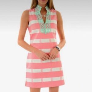 Sail to Sable NWOT Pink‎ and White Striped tunic Dress with green lace trim